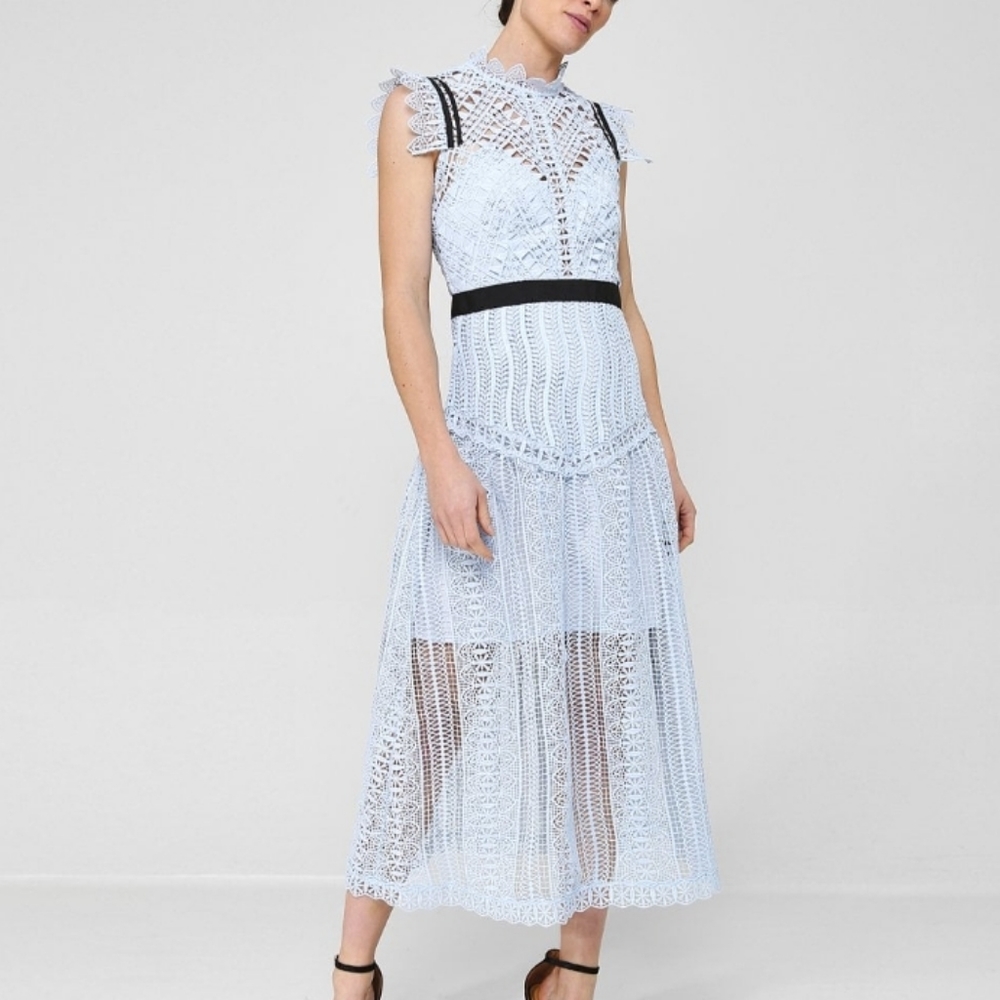 ORANGE JUICE Light Blue Lace Black Ribbon Short Sleeve Midi Dress Large NWT